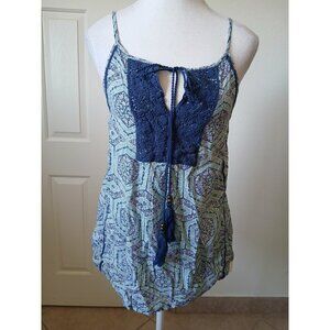 Solitaire Womens Blouse Top Navy & Green Crochet Sleeveless Tank w/ Tassels Boho